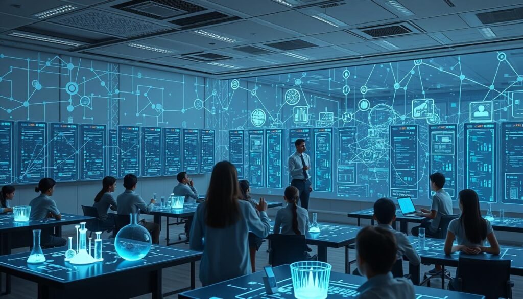 A futuristic digital classroom with a transparent blockchain interface projected onto the walls. In the foreground, students engage with interactive holographic displays, manipulating data and virtual experiments. The middle ground features a teacher guiding the class, their movements tracked and recorded on the blockchain. In the background, a vast network of interconnected servers and databases, symbolizing the transparent, decentralized infrastructure powering the educational system. Soft, diffused lighting creates an atmosphere of innovation and progress, while a sense of wonder and discovery permeates the scene.