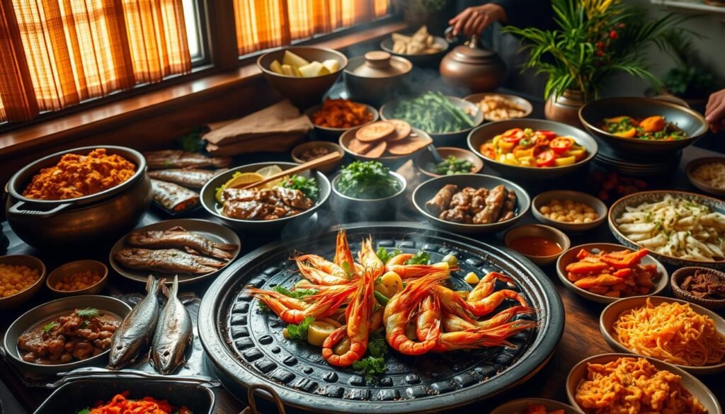 A grand feast of traditional Malaysian delicacies - a succulent spread of grilled fish, tender beef rendang, and an array of vibrant vegetable side dishes. The centerpiece is a sizzling platter of seafood, showcasing the bounty of the sea with juicy prawns and tender squid. Fragrant spices and herbs permeate the air, creating an inviting and authentic atmosphere. The scene is bathed in warm, golden light, casting a cozy and homely ambiance. A sense of family and community radiates from this traditional Malaysian spread, perfect for a gathering of loved ones.