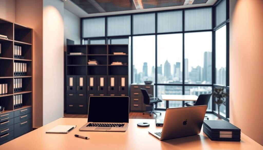 A modern, minimalist office interior with a clean, organized workspace. In the foreground, a sleek, minimalist desk with a laptop, tablet, and other essential office supplies neatly arranged. The middle ground features filing cabinets and shelves, showcasing efficient document management. The background depicts a large window overlooking a bustling city skyline, symbolizing the transparency and connectivity of the educational system. Warm, diffused lighting creates a professional, productive atmosphere. The overall scene conveys a sense of streamlined administrative processes and technological integration within the educational institution.