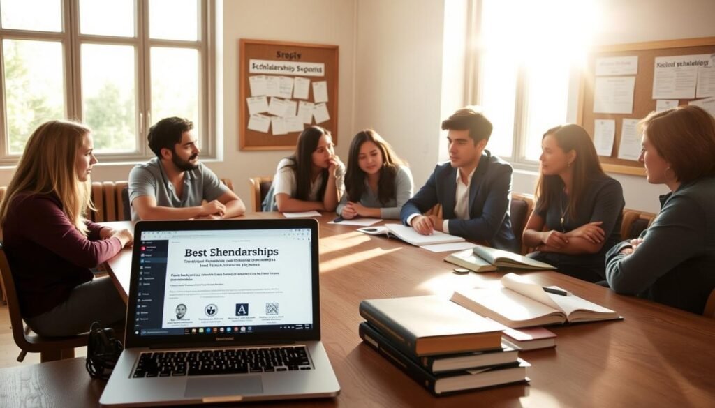 A serene academic setting, with students gathered around a large wooden table, earnestly discussing scholarship opportunities. Sunlight streams through large windows, casting a warm glow on the scene. In the foreground, a laptop displays information on scholarship programs, while textbooks and stationery suggest a productive study environment. In the background, a cork board showcases various scholarship announcements, highlighting the breadth of available support. The overall atmosphere conveys a sense of camaraderie, intellectual curiosity, and the promise of personal growth through educational funding.