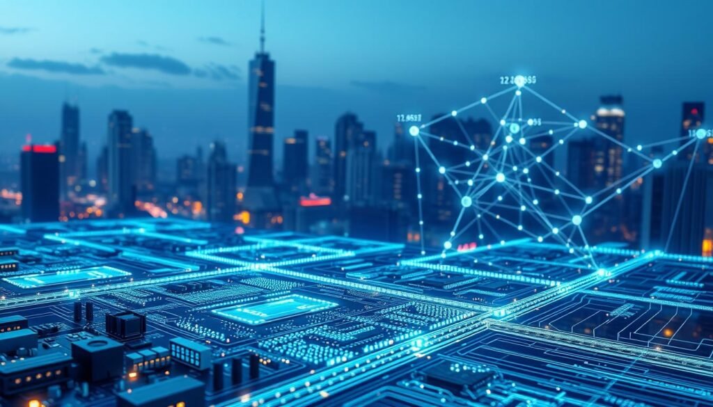 A sleek, modern blockchain database system seamlessly integrating with a sophisticated artificial intelligence network. The foreground depicts a digital ledger glowing with cryptographic hashes, surrounded by intricate circuit boards and data streams. In the middle ground, an AI neural network pulses with algorithmic energy, its nodes interconnected by luminous pathways. The background showcases a futuristic cityscape, skyscrapers and holograms hinting at the transformative potential of these converging technologies. Soft, directional lighting casts dramatic shadows, creating a sense of depth and technological prowess. The overall impression is one of elegant synergy between blockchain and AI, powering the digital financial innovations of the modern era.