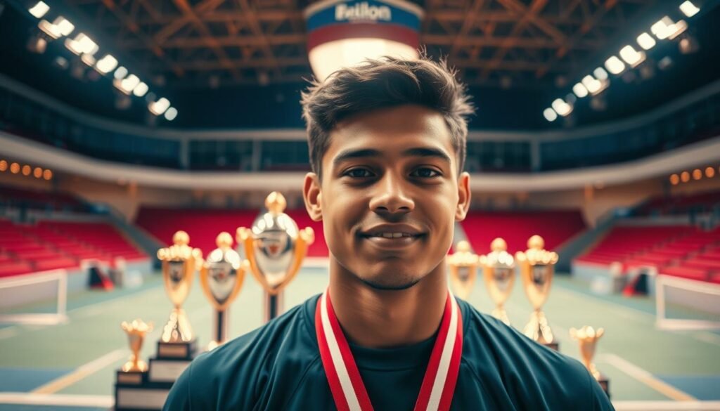 A vibrant and dynamic scene showcasing the achievements of a talented athlete in the foreground. Surrounded by a backdrop of a modern sports arena, with gleaming trophies and medals arranged neatly in the middle ground. The lighting is warm and intense, casting a glow on the athlete's face, highlighting their determination and pride. The angle is slightly elevated, giving the viewer a sense of awe and inspiration. The overall atmosphere conveys a sense of accomplishment, success, and the bright future that awaits the dedicated student-athlete.
