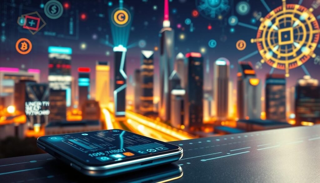 A vibrant, hyper-realistic digital landscape showcasing the evolution of financial technology. In the foreground, a sleek, minimalist mobile device displays a futuristic financial app interface, its screen reflecting the cityscape behind it. In the middle ground, a bustling metropolis of gleaming skyscrapers and neon-lit streets, representing the digital transformation of the financial industry. In the background, a kaleidoscope of holographic projections, data streams, and cryptographic symbols, symbolizing the underlying technological advancements powering fintech innovations. The scene is illuminated by a warm, diffused lighting, creating a sense of dynamism and progress. Composition emphasizes the seamless integration of technology and finance, capturing the essence of fintech's pivotal role in the digital age.