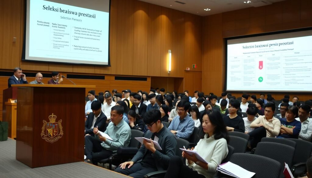 A well-lit university lecture hall, with rows of attentive students listening intently to a panel of distinguished professors. In the foreground, a podium stands prominently, adorned with the university crest, conveying a sense of academic prestige. The middle ground features students earnestly taking notes, their faces filled with determination, as they absorb the information presented. In the background, a large projection screen displays detailed charts and graphs, outlining the selection criteria and requirements for the prestigious academic scholarship. The overall atmosphere is one of intellectual rigor and scholarly pursuit, reflecting the gravity and importance of the &amp;quot;seleksi beasiswa prestasi&amp;quot; process.