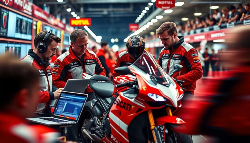 A vibrant scene showcasing the Ducati MotoGP team strategizing around their advanced racing satellite technology. In the foreground, team members in professional automotive attire are intensely discussing race strategies, with laptops and screens displaying real-time data. The middle ground features a sleek Ducati motorcycle, poised and ready for the next race, with mechanics adjusting its fine-tuned components. In the background, the bustling atmosphere of a racing pit lane, filled with team equipment, bright pit lights, and fans in blurred motion, enhances the lively racing environment. The lighting is bright and dynamic, capturing the excitement of MotoGP. The overall mood is focused and competitive, embodying the high-stakes nature of the championship race.